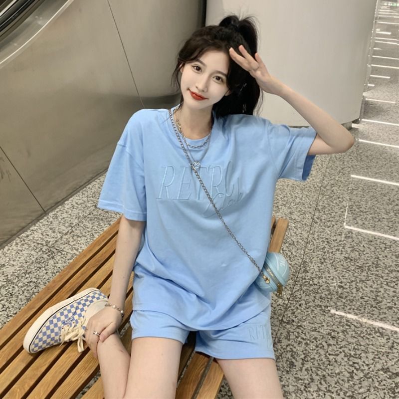 Casual sports fashion suit female  new summer short-sleeved T-shirt high waist wide-leg shorts two-piece trendy