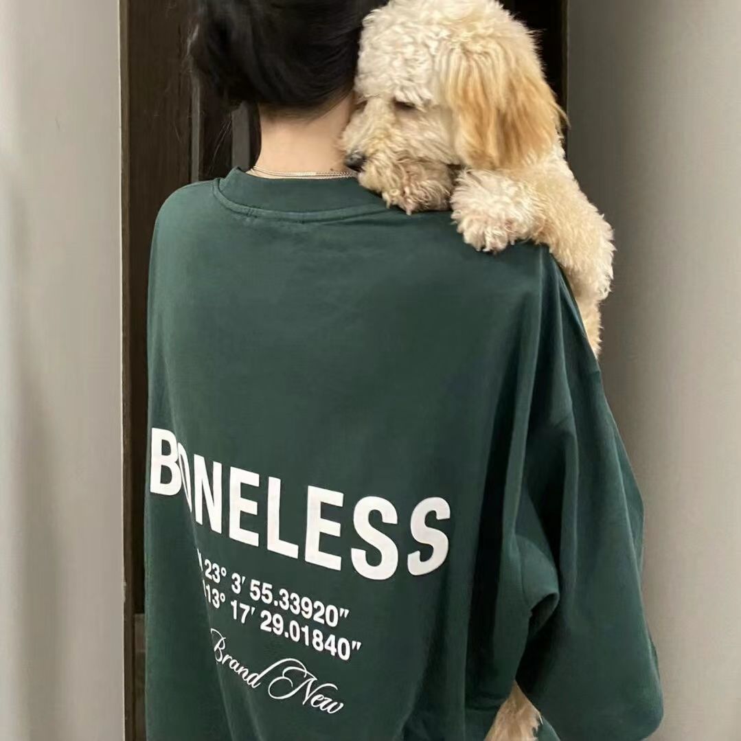 100% non-balling short-sleeved t-shirt female Korean version loose ins national tide American retro salt letter dark green top