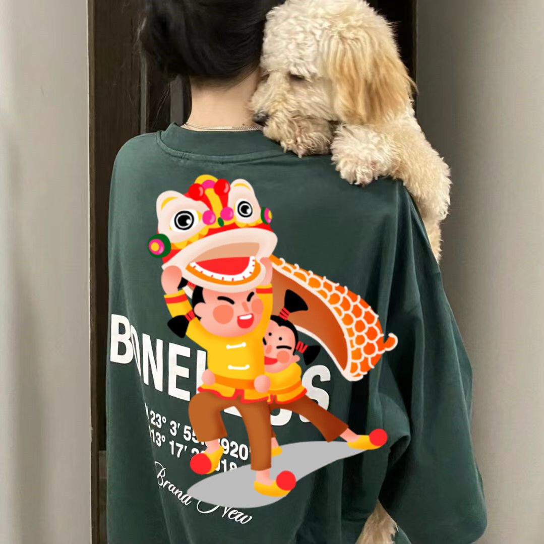 100% non-balling short-sleeved t-shirt female Korean version loose ins national tide American retro salt letter dark green top