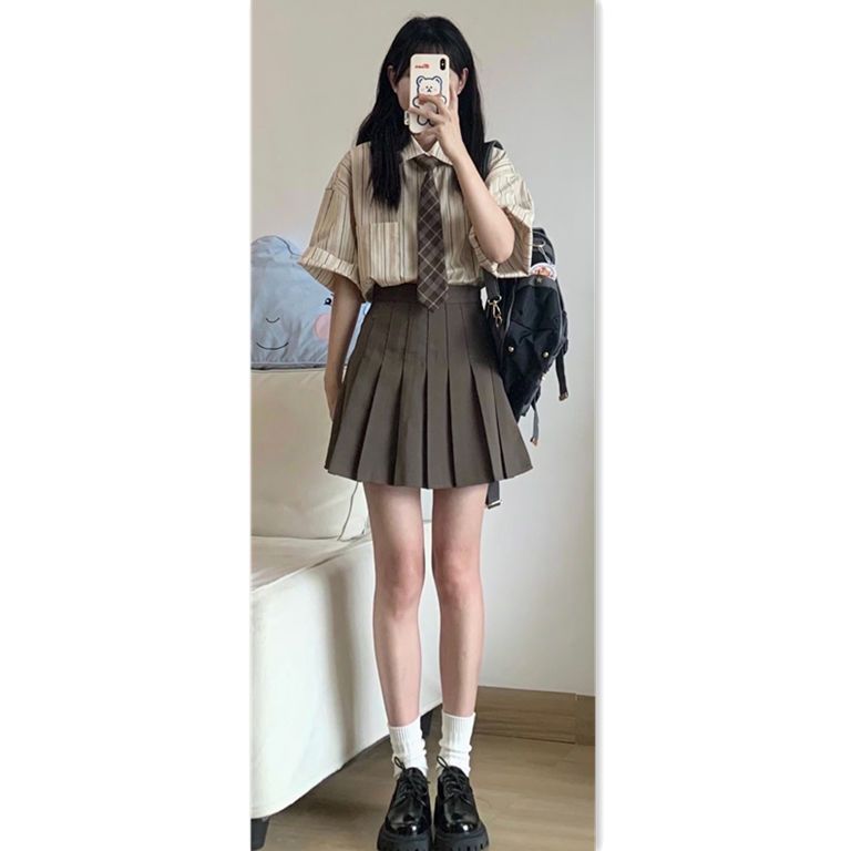 [two suits] college style cool and cute striped shirt women's summer retro short sleeved shirt pleated skirt