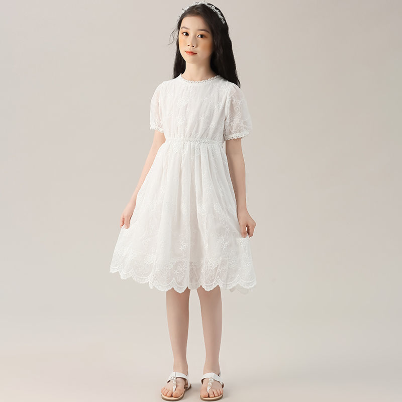 女童連衣裙夏季2022新款中大兒童裙子夏裝短袖女孩白色公主裙洋氣