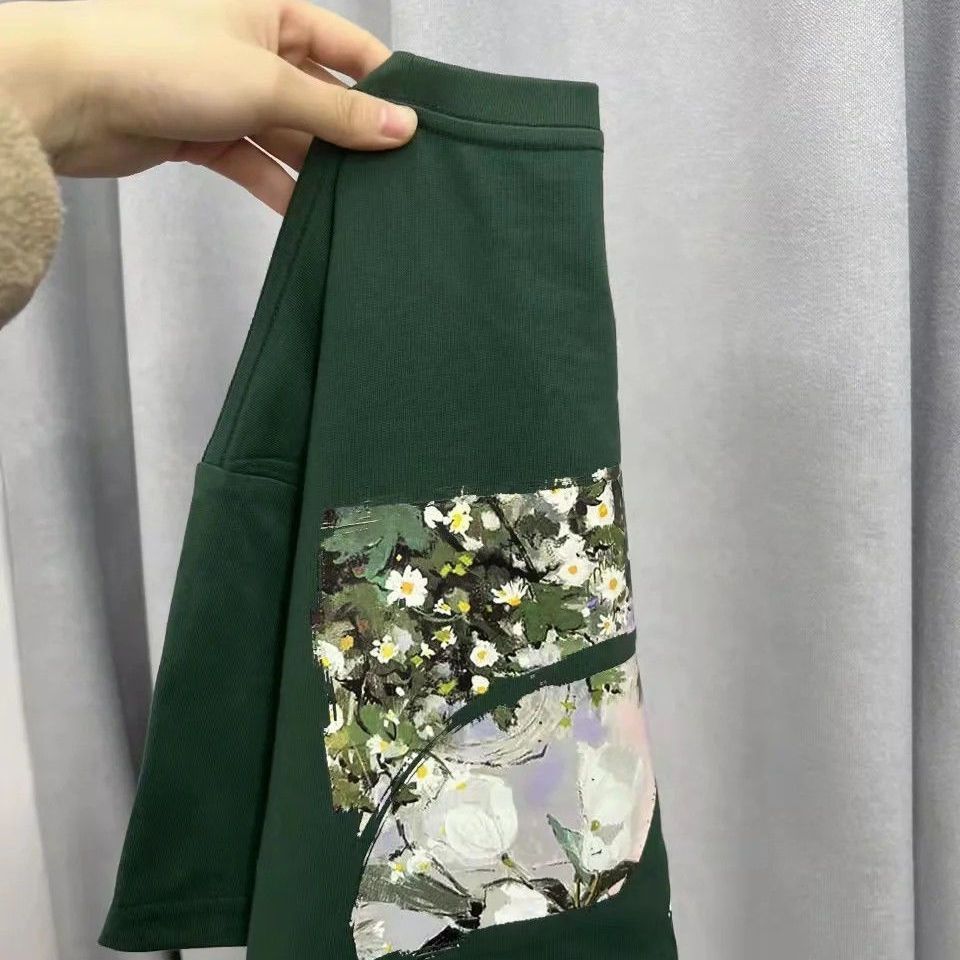美式潮牌墨綠色t恤油畫短袖圓領情侶裝oversize百搭100純棉男女