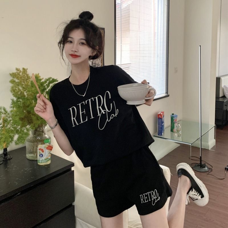 Casual sports fashion suit female  new summer short-sleeved T-shirt high waist wide-leg shorts two-piece trendy