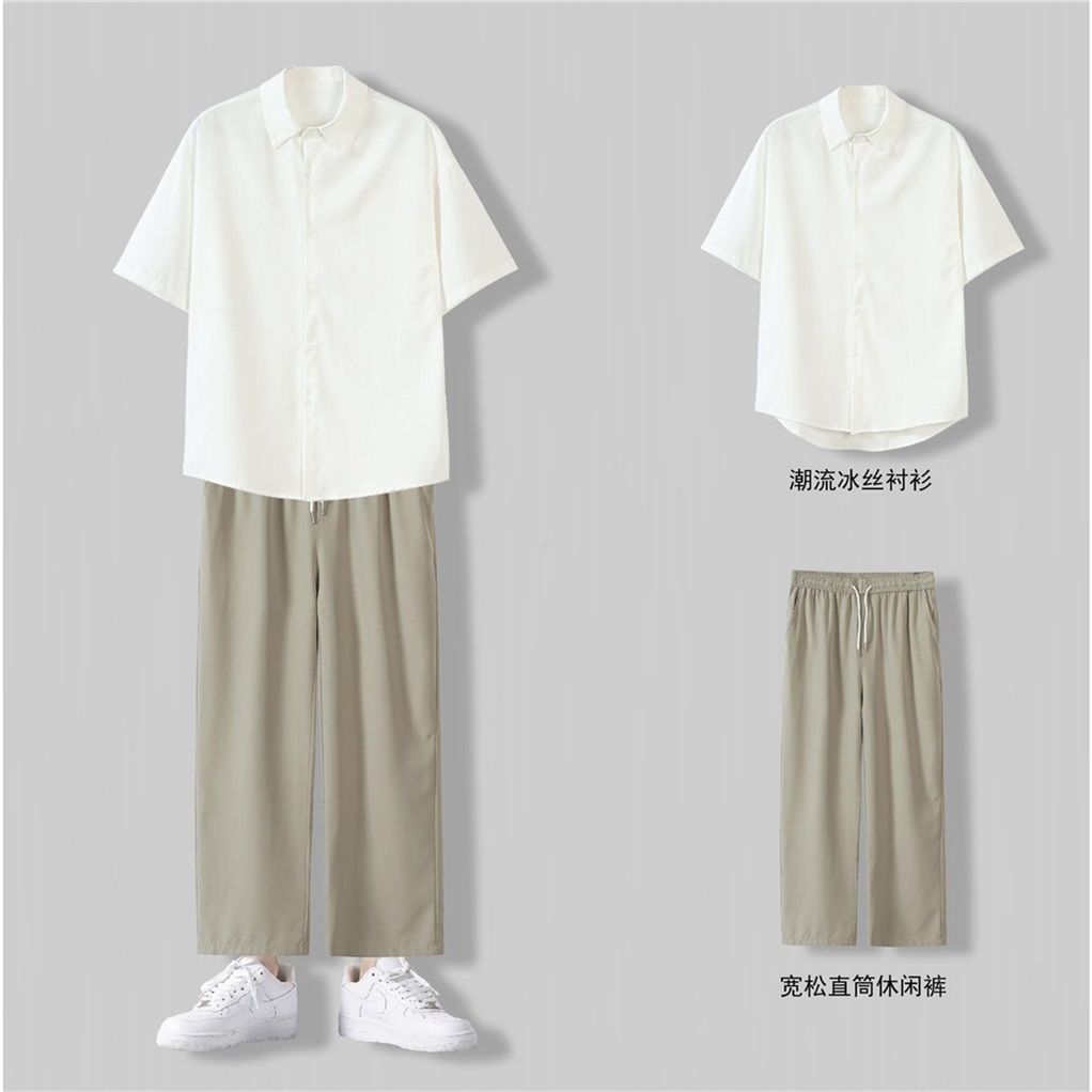 Light and familiar wind suit men's summer new yuppie handsome set with shirt short-sleeved ice silk thin wide-leg pants
