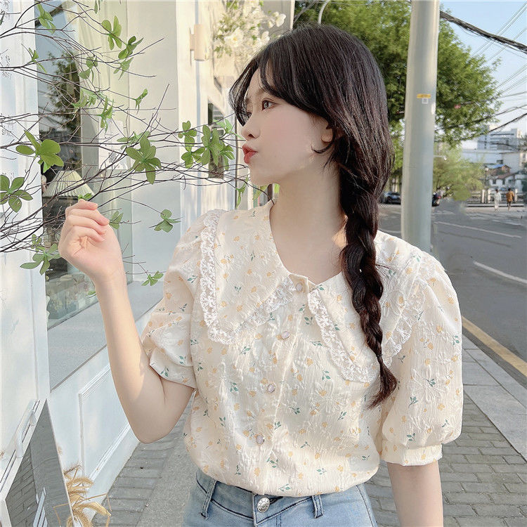 French doll collar floral shirt top women's summer new small fresh sweet bubble short-sleeved shirt
