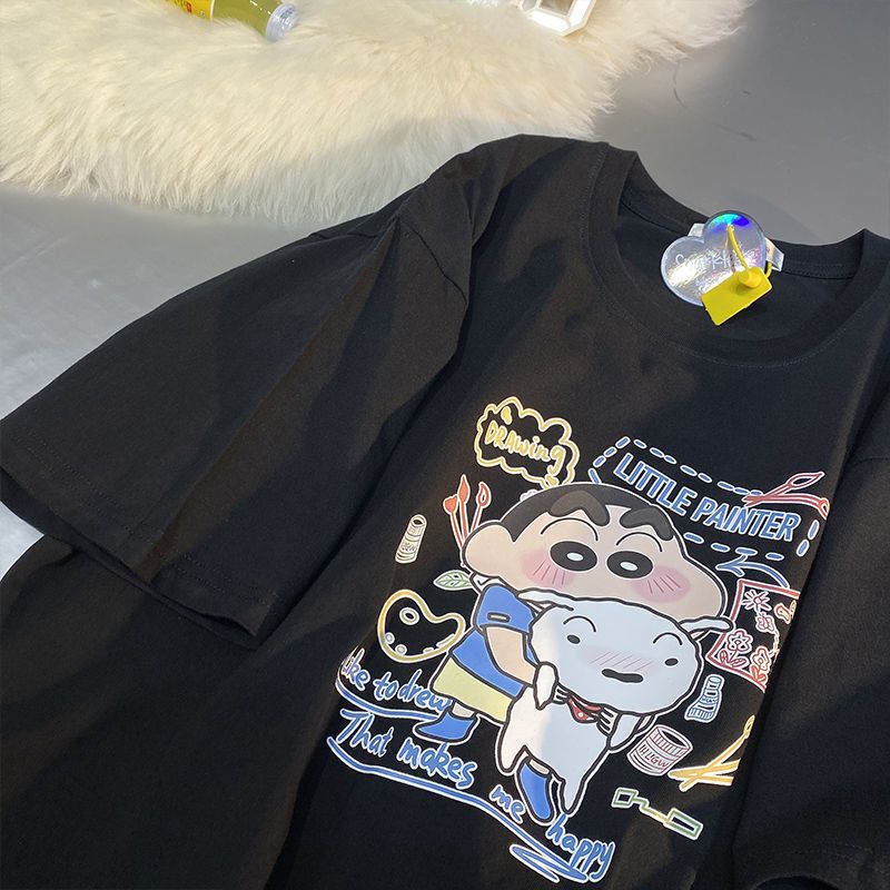 100 pure cotton niche T-shirt men and women ins Korean version of the student summer loose cartoon top couple wild half-sleeved ins
