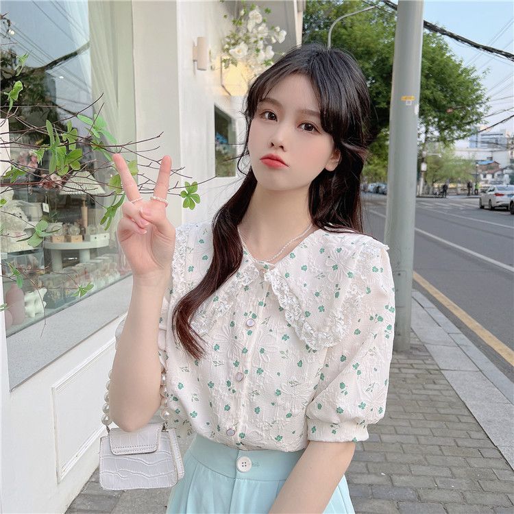 French doll collar floral shirt top women's summer new small fresh sweet bubble short-sleeved shirt