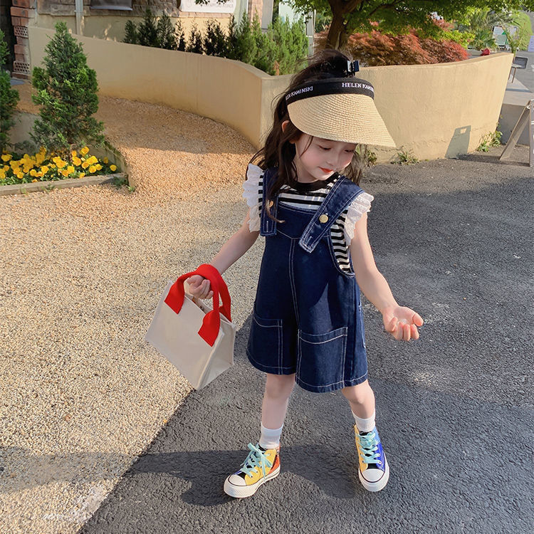 Girls' clothing fashionable suit western style net red summer clothing children's clothing baby girl striped bottoming shirt denim overalls shorts