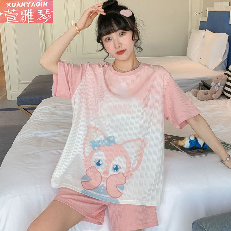 100% double-sided summer pajamas women's summer short-sleeved women's plus size suit simple cartoon princess style home service