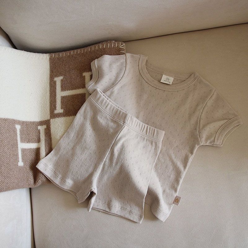 Korean version of ins infant children's clothing thin cotton soft short-sleeved home service suit summer baby hollow cool two-piece set