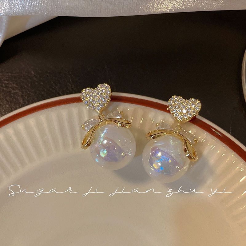 Light luxury mermaid pearl earrings 2022 new trendy niche design zircon heart earrings without pierced ear clips