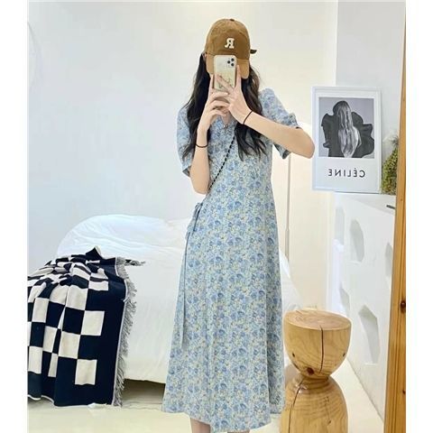 Plus-size women's summer sexy V-neck slit dress for fat sister mm to cover the belly and narrow the waist to look thin Floral dress