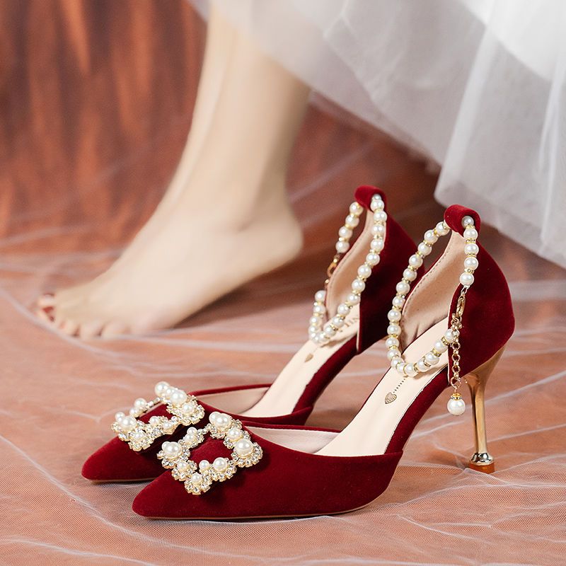 秀禾服婚鞋女2022年新款秀禾婚纱两穿高跟鞋结婚新娘鞋子夏红色