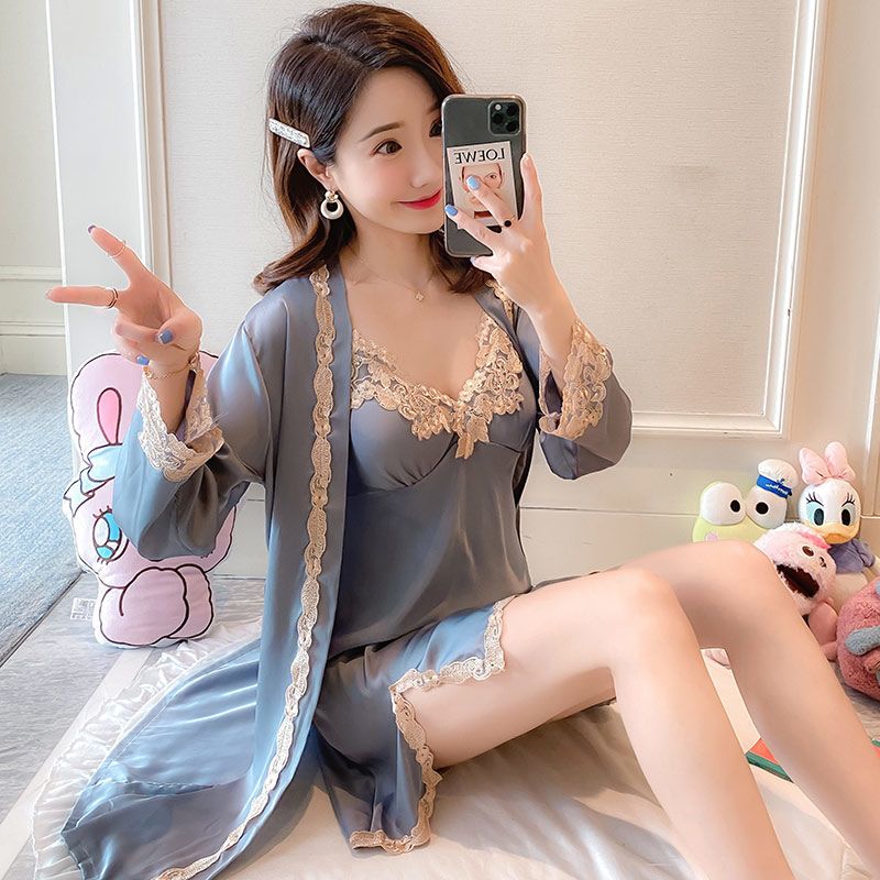 Pure color summer 2022 new sexy pajamas ice silk sling nightdress two-piece lace nightgown with chest pad