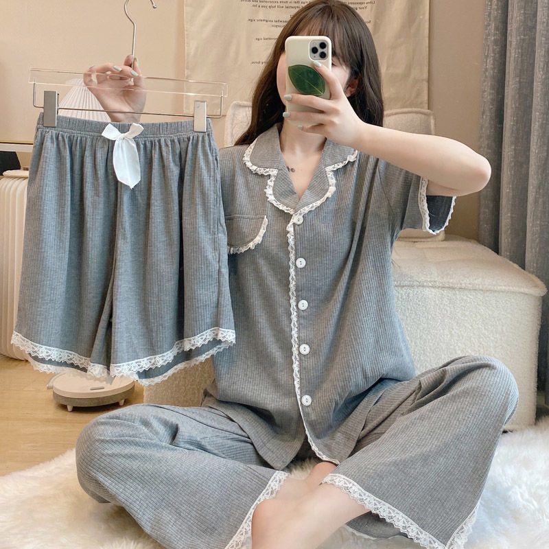 三件套睡衣女夏天季短袖純棉高級感ins風高顏值家居服春秋可外穿