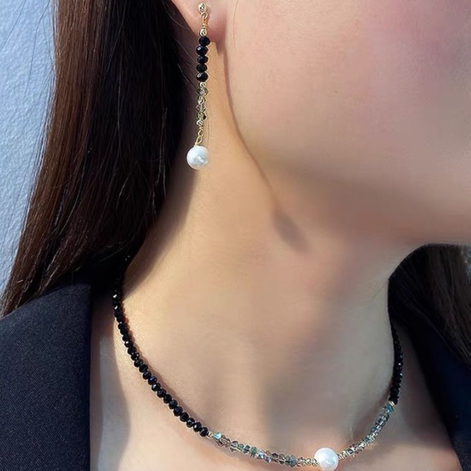 黑尖晶天然淡水珍珠项链三件套装女耳饰年新款韩版气质