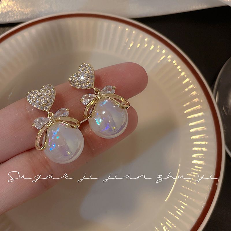 Light luxury mermaid pearl earrings 2022 new trendy niche design zircon heart earrings without pierced ear clips