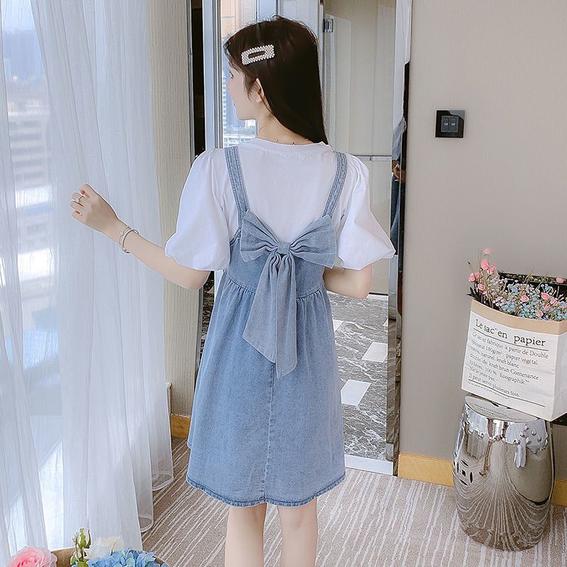 Summer Pure Desire Dress Female Korean Version Loose Back Bow Knot Covering Meat Denim Suspenders Skirt