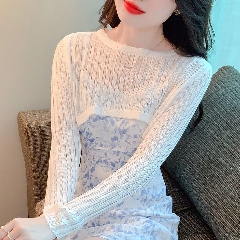 防曬衫女薄款坎肩長袖顯瘦罩衫配吊帶裙圓領外搭夏季修身針織上衣