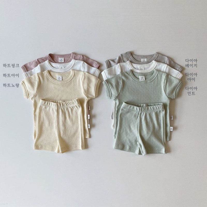 Korean version of ins infant children's clothing thin cotton soft short-sleeved home service suit summer baby hollow cool two-piece set