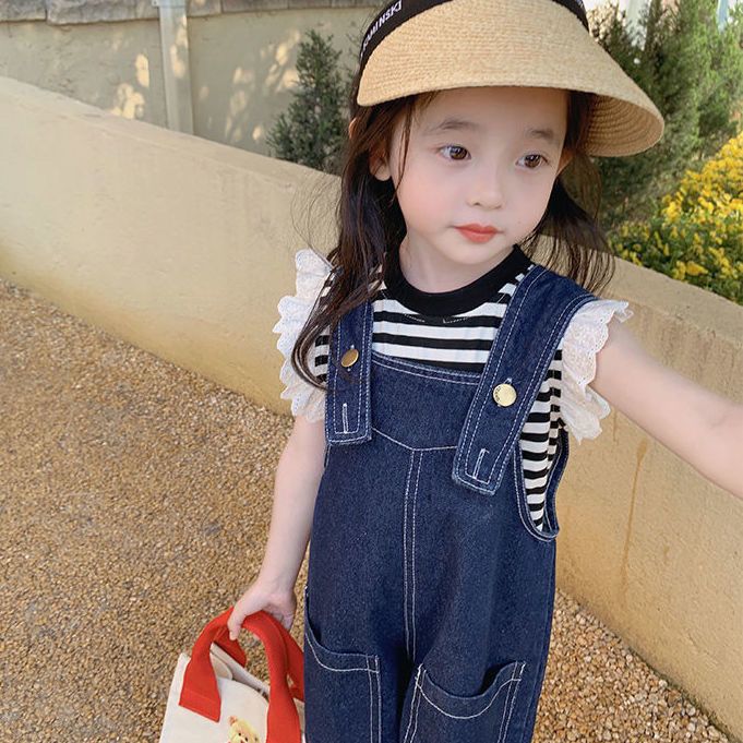 Girls' clothing fashionable suit western style net red summer clothing children's clothing baby girl striped bottoming shirt denim overalls shorts