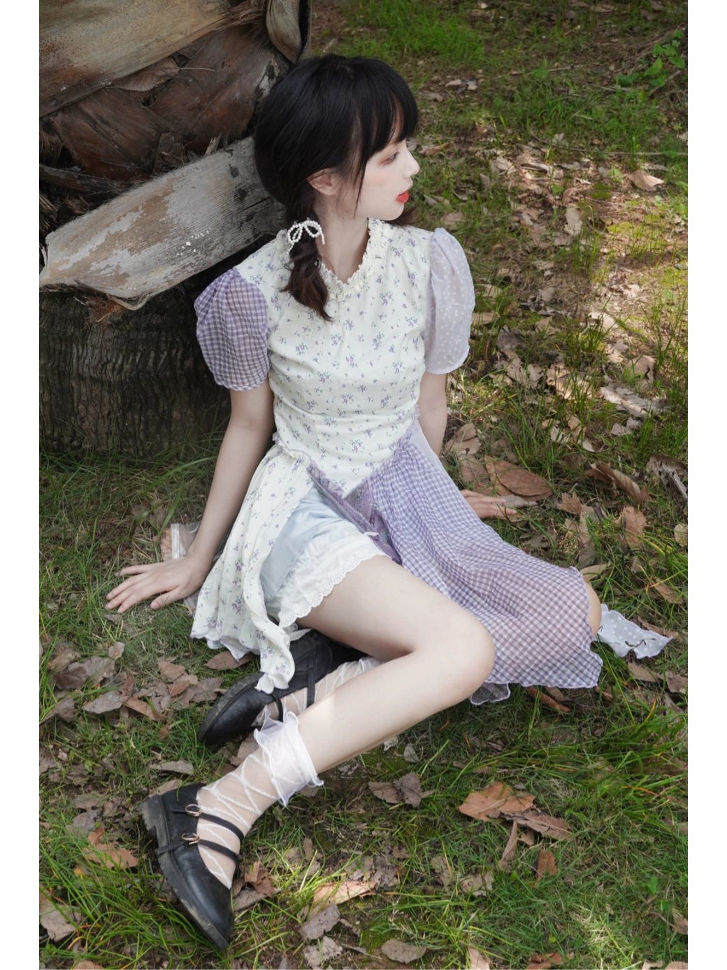 Fake two-piece stitching floral dress female summer  new waist sweet little fairy princess short skirt
