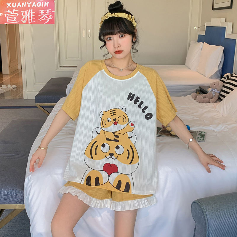 100% double-sided summer pajamas women's summer short-sleeved women's plus size suit simple cartoon princess style home service