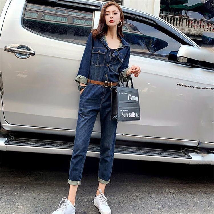 Retro tooling denim long-sleeved jumpsuit spring and summer new personality non-mainstream self-cultivation slim jumpsuit trousers suit