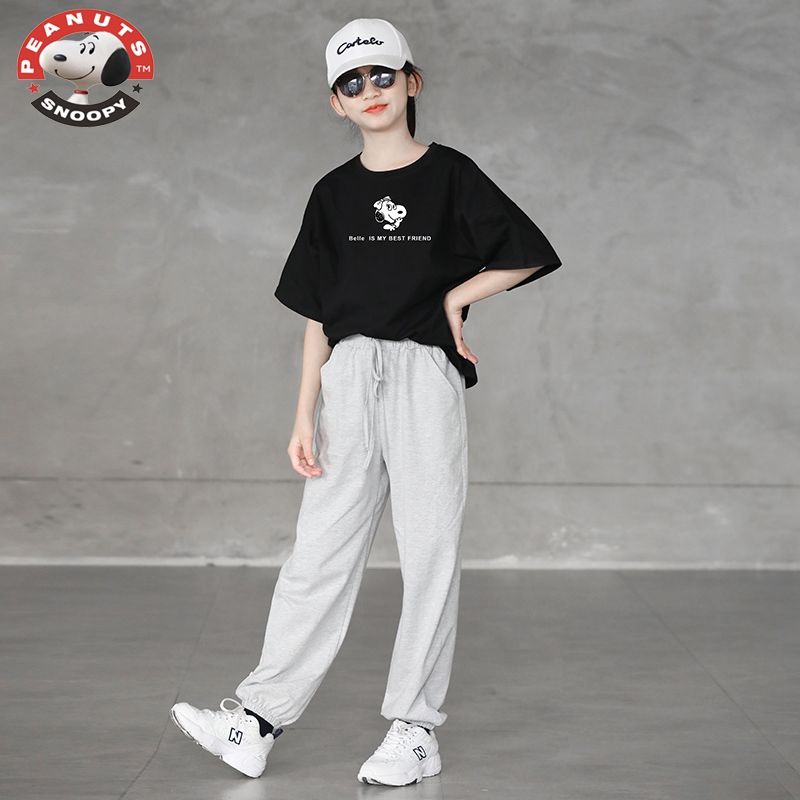 Snoopy girls summer two-piece fashion T-shirt middle and big girls sports and leisure suit girls foreign style pants