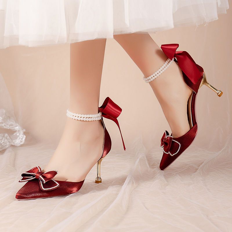 法式秀禾婚纱两穿婚鞋夏季女新娘鞋细跟包头凉鞋女珍珠红色高跟鞋