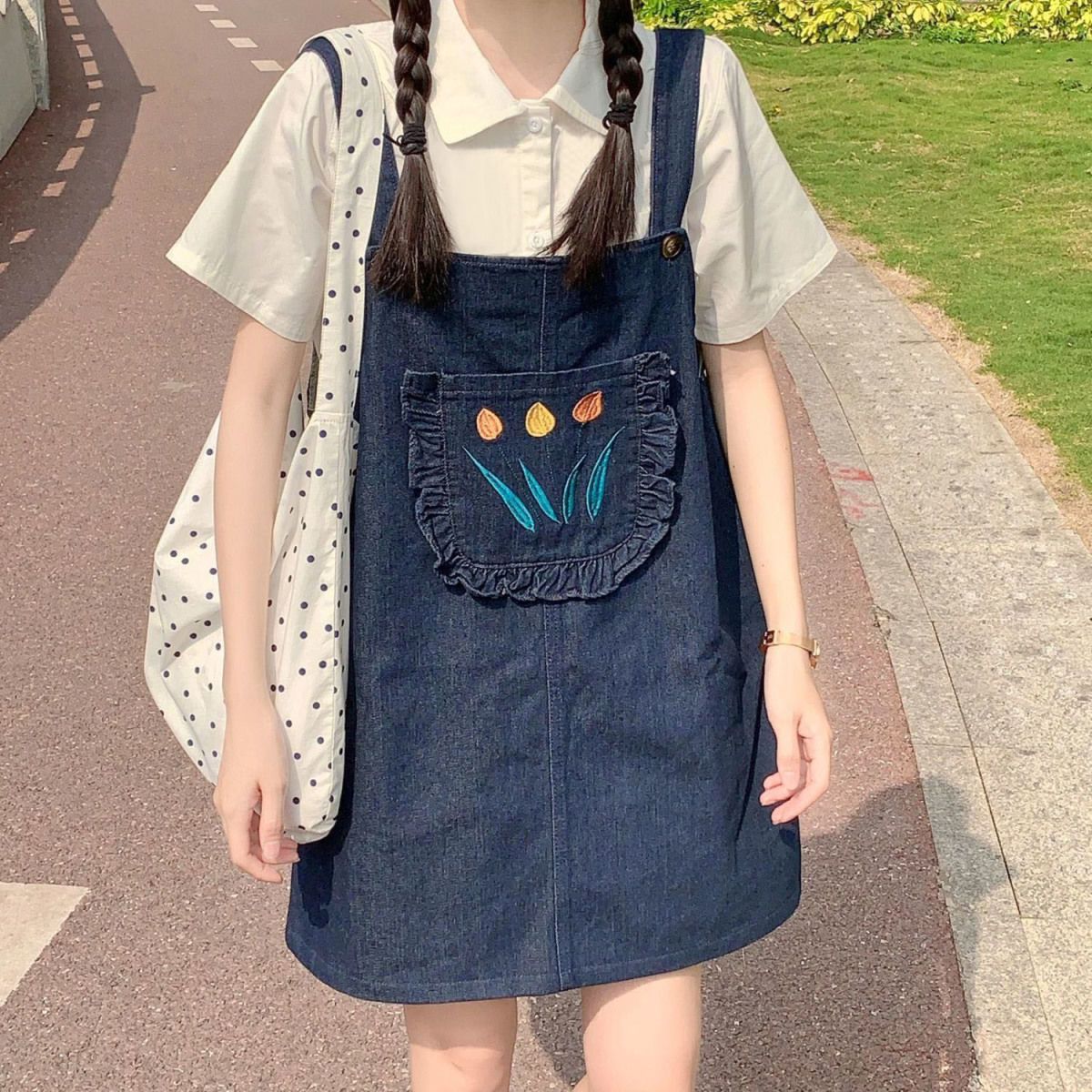 奶甜背帶裙設計感小眾小個子高腰可愛日系小清新牛仔連衣裙夏季女