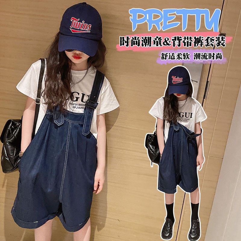 Girls' suspenders shorts suit summer style  new foreign style children's loose girls fashionable jeans two-piece set