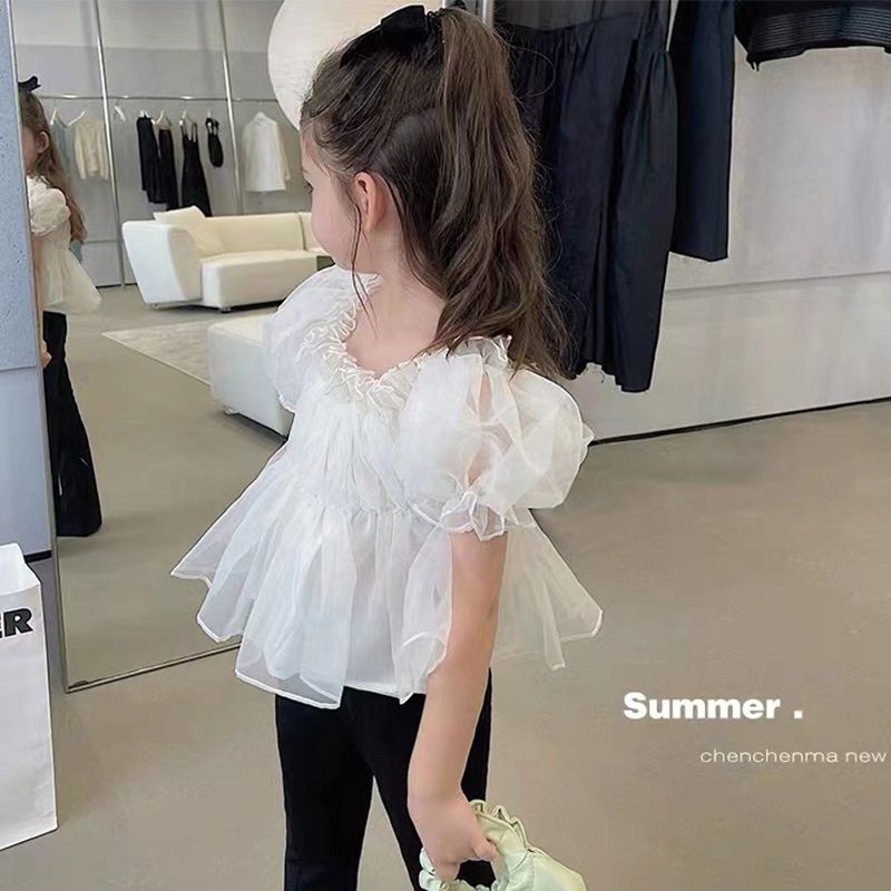 Baby summer new girl's suit fairy bubble short-sleeved top children's fashion foreign style flared pants two-piece set