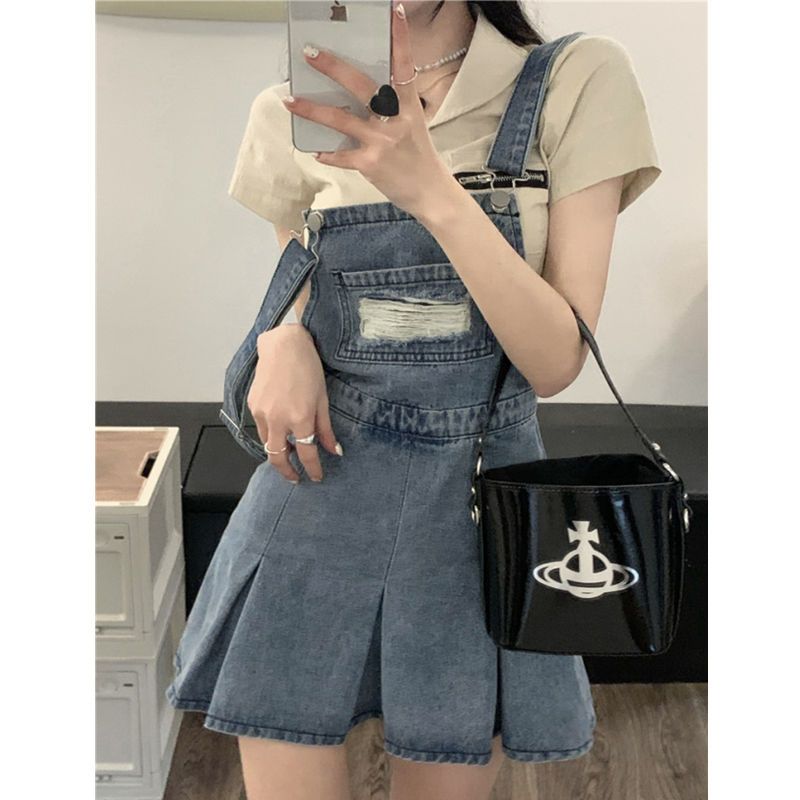 Large size denim suspenders skirt women's summer thin section design feeling small people are thin and small pleated skirt dress