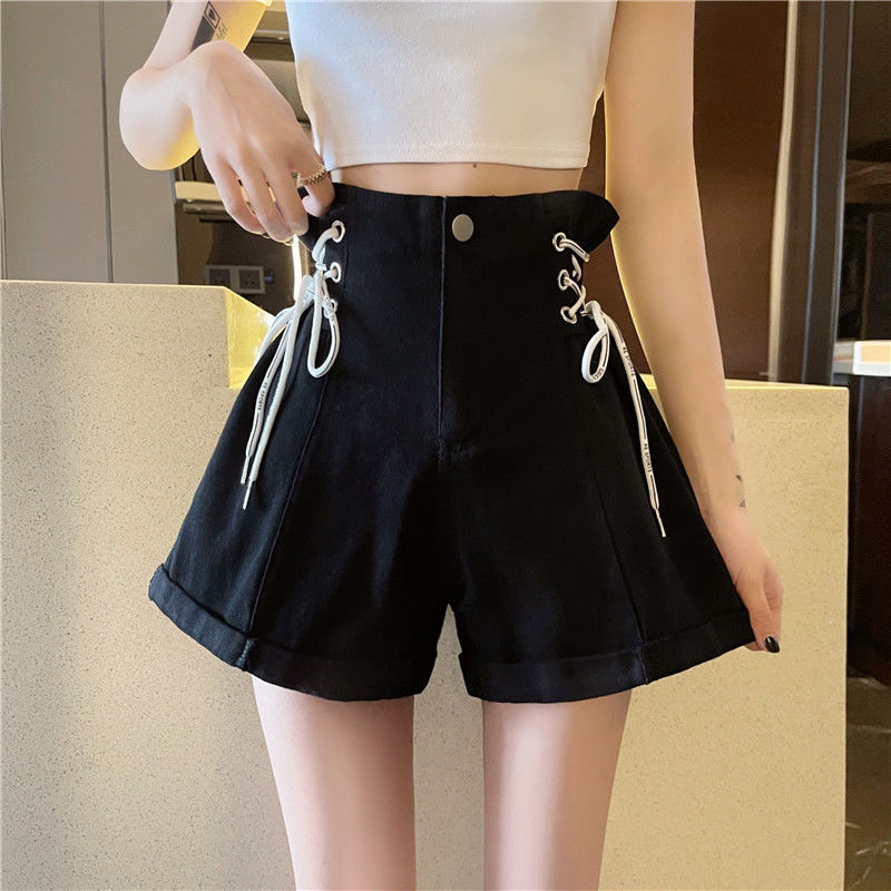 Fat mm large size strap waist chic denim shorts women's summer new high waist design sense wide leg a word hot pants