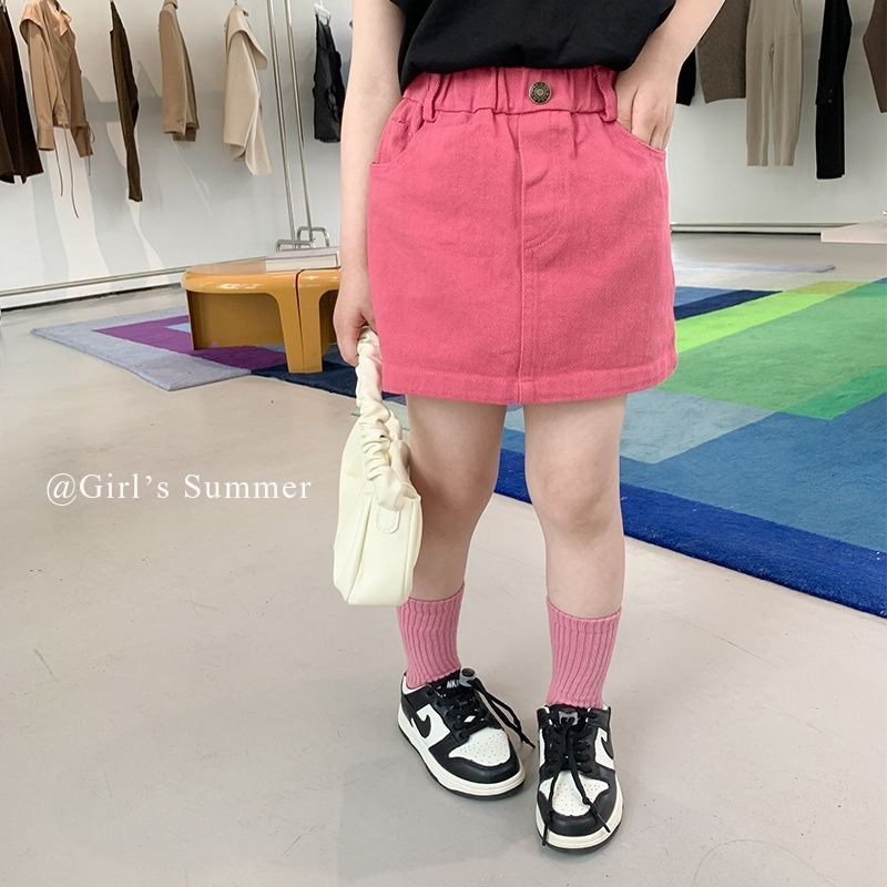 Girls' denim skirt 2023 spring and summer new dragon fruit color children's Korean version of the western style hip skirt skirt trendy