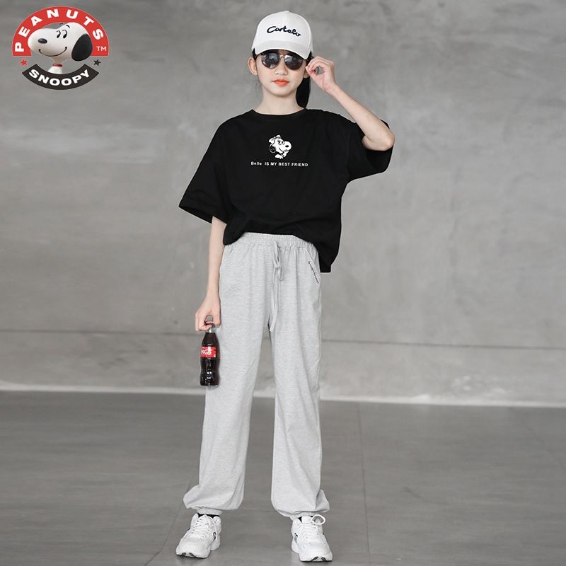Snoopy girls summer two-piece fashion T-shirt middle and big girls sports and leisure suit girls foreign style pants