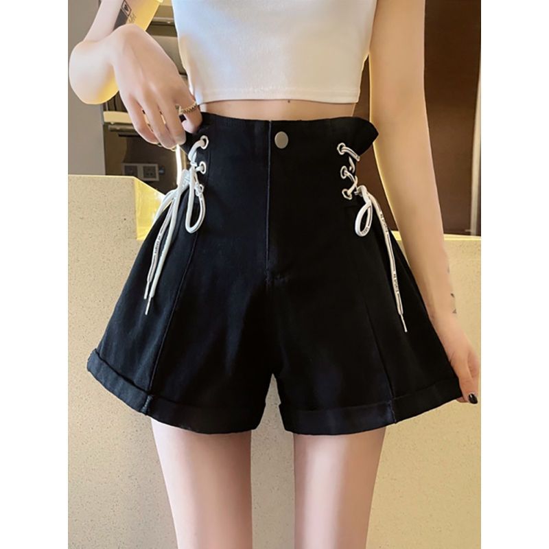 Fat mm large size strap waist chic denim shorts women's summer new high waist design sense wide leg a word hot pants