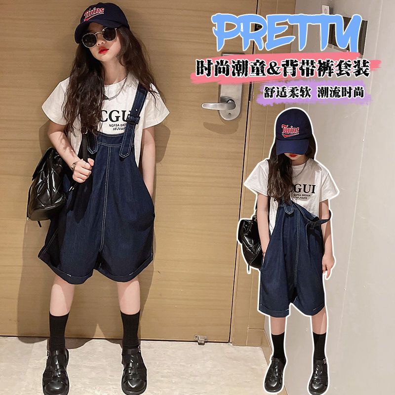 Girls' suspenders shorts suit summer style  new foreign style children's loose girls fashionable jeans two-piece set