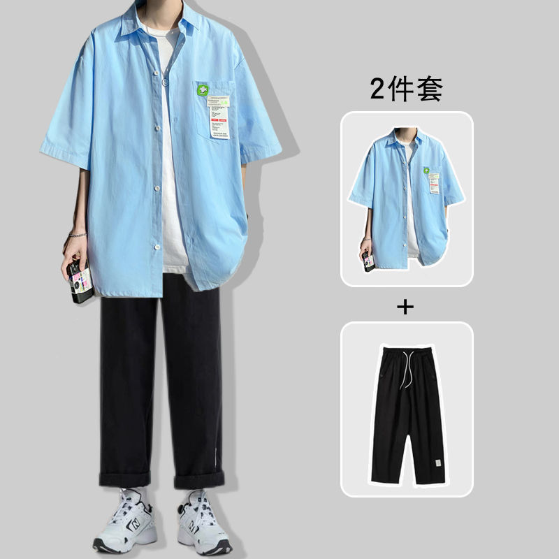 短袖衬衫男夏季薄款ins潮流高级感痞帅衬衣一套装日系设计感外套