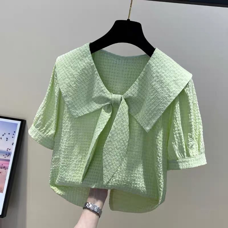 2022 new doll collar tie short-sleeved chiffon shirt girls tops middle and big children Korean version of the minority foreign style small shirt trend