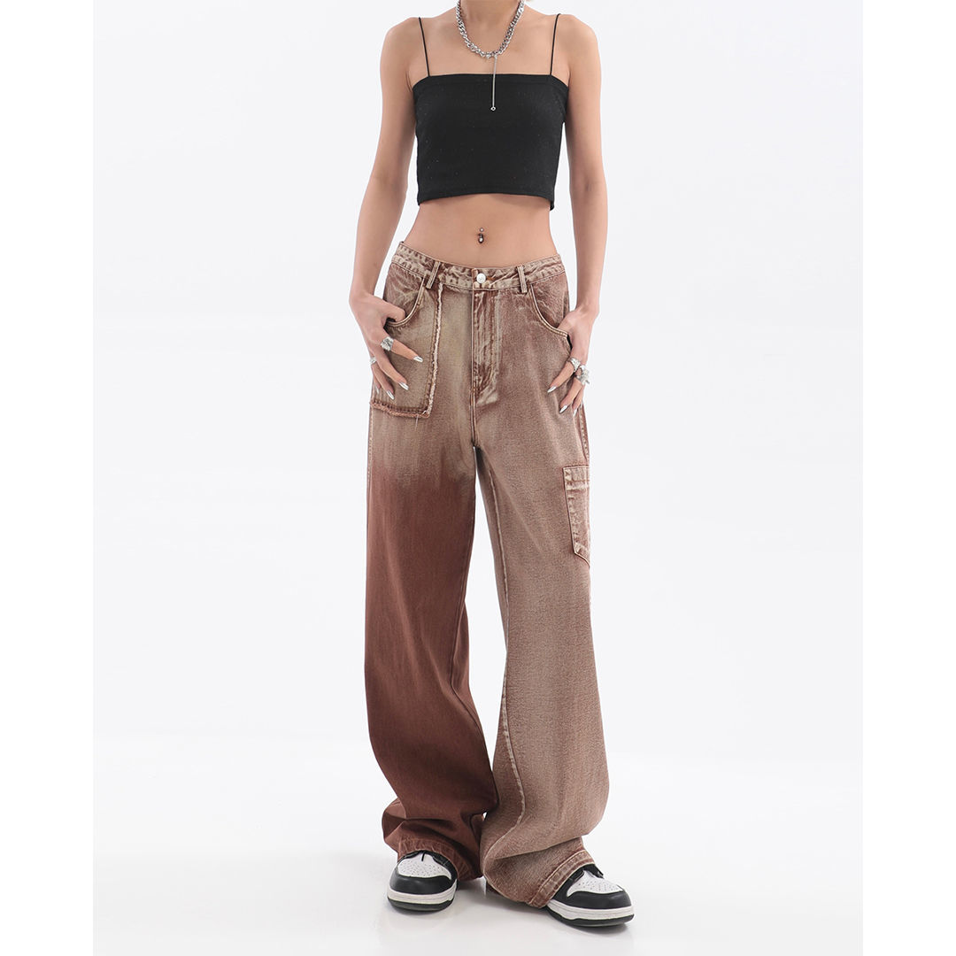 Tooling jeans women's summer ins design sense niche high waist wide legs loose straight hiphop high street pants