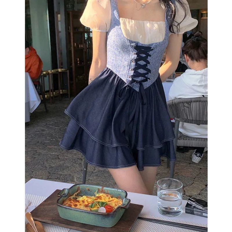 New dress women's summer small fragrance cake skirt waist trendy fake two-piece square collar puff sleeve dress trendy