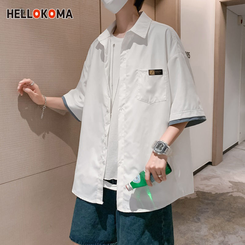 HELLO KOMA trendy fake two-piece short-sleeved shirt men's jacket summer thin half-sleeved street casual shirt