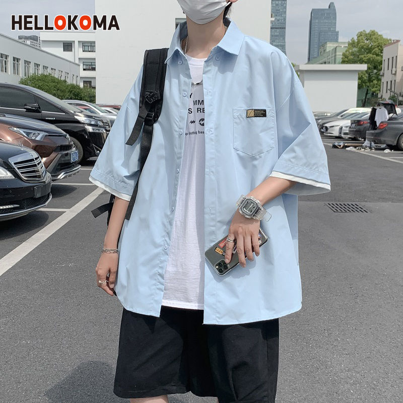 HELLO KOMA trendy fake two-piece short-sleeved shirt men's jacket summer thin half-sleeved street casual shirt
