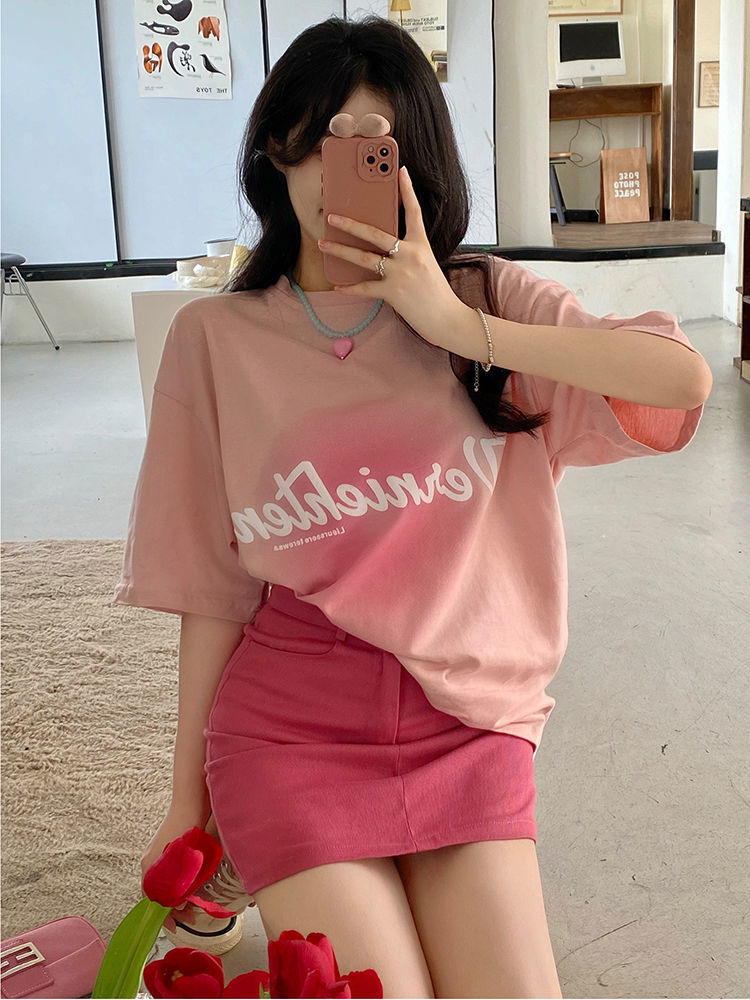 Tie-dye letter T-shirt women's summer Korean version  new printing loose mid-length large version all-match short-sleeved top