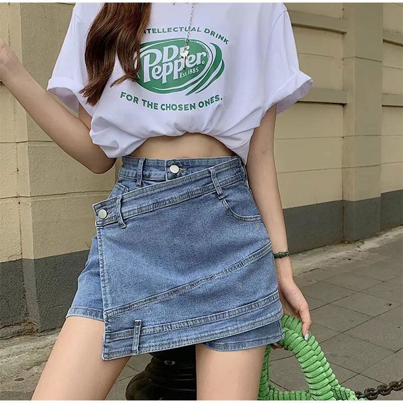 High waist denim shorts bag hip hot girl style 2023 summer suitable for small men irregular splicing skirt pants women