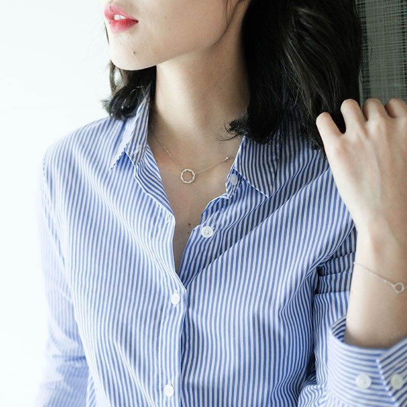 藍白色豎條紋襯衫女春秋新款小清新長袖上衣時尚女裝職業工作襯衣