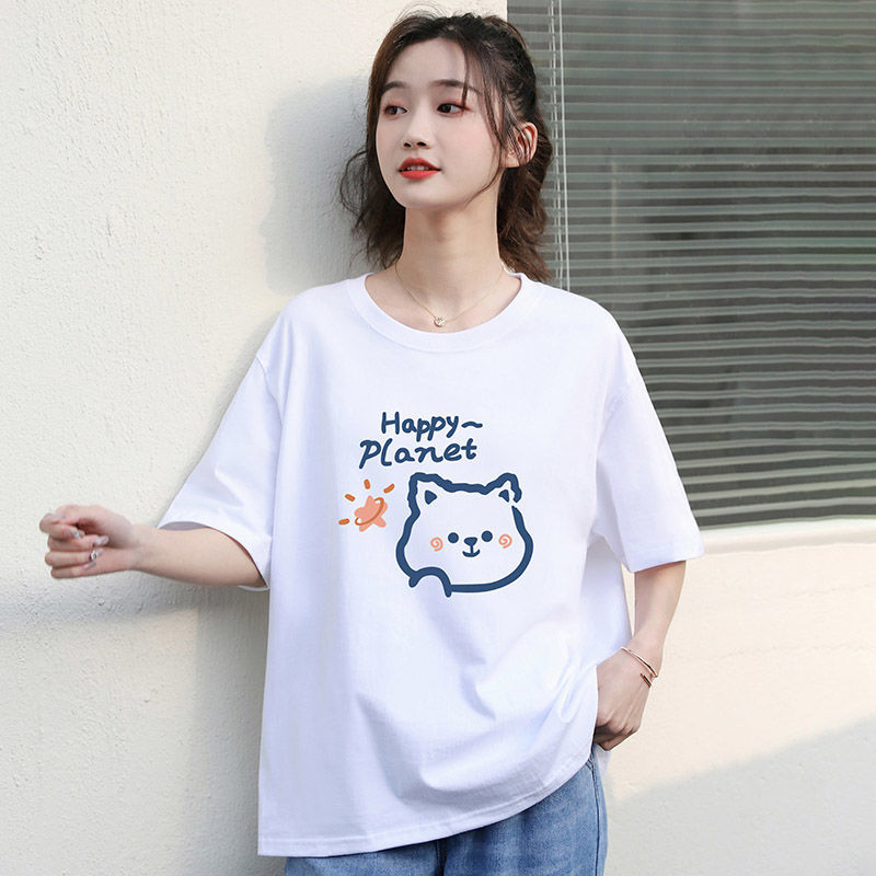 White T-shirt women's short-sleeved 2023 new loose Korean summer cotton cartoon large size student ins bottoming shirt
