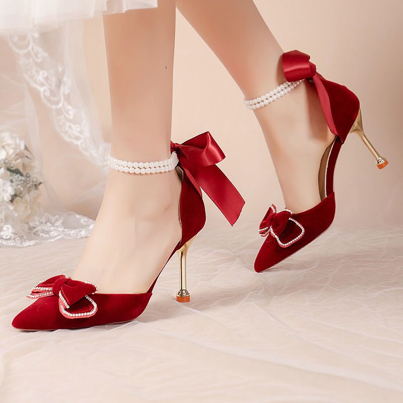 法式秀禾婚纱两穿婚鞋夏季女新娘鞋细跟包头凉鞋女珍珠红色高跟鞋